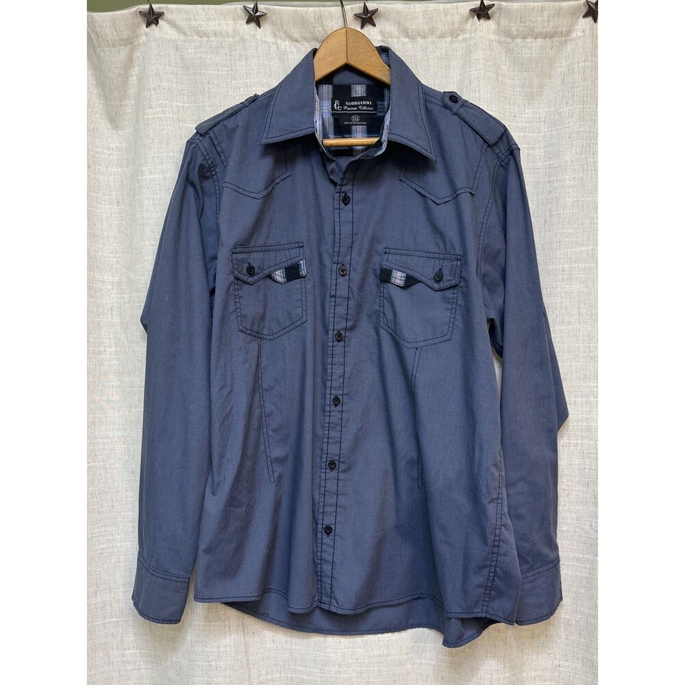 Giorginni Men XXL Long Sleeve Button Up Shirt Slate Gray Plaid Trim Epaulets
